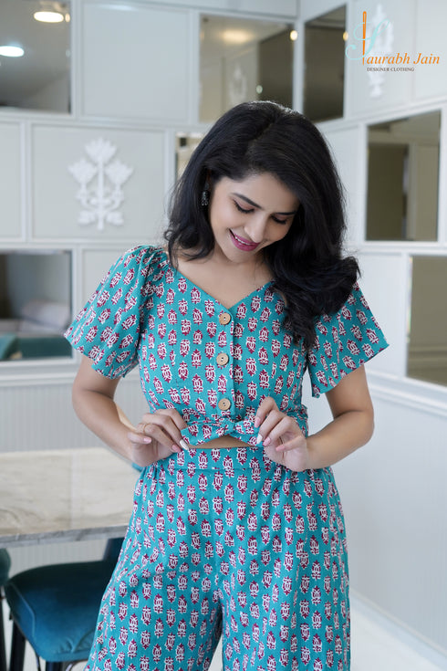Designer Blue Draw String Women Coord Set , Front View